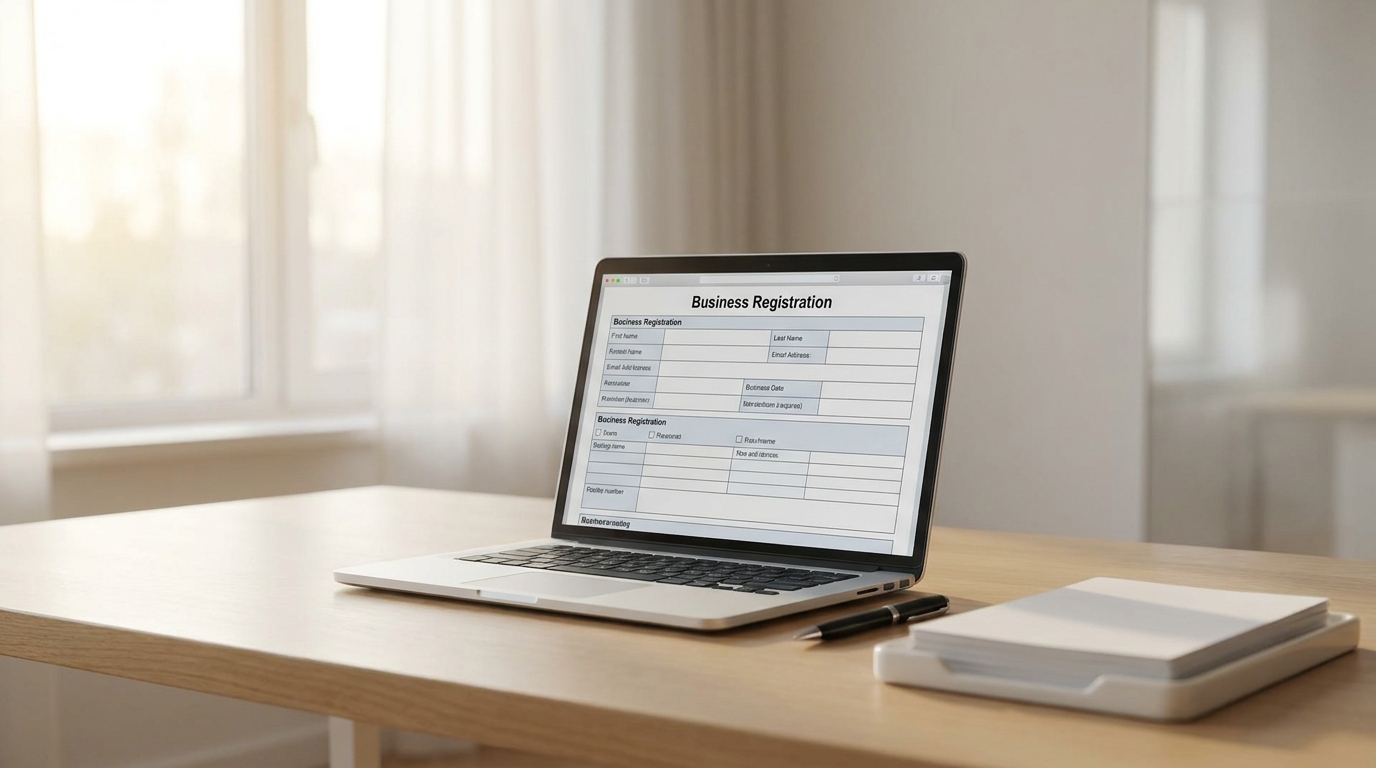 A laptop screen showing an LLC formation application, with a pen and documents on a clean desk, symbolizing the process of registering a new business.