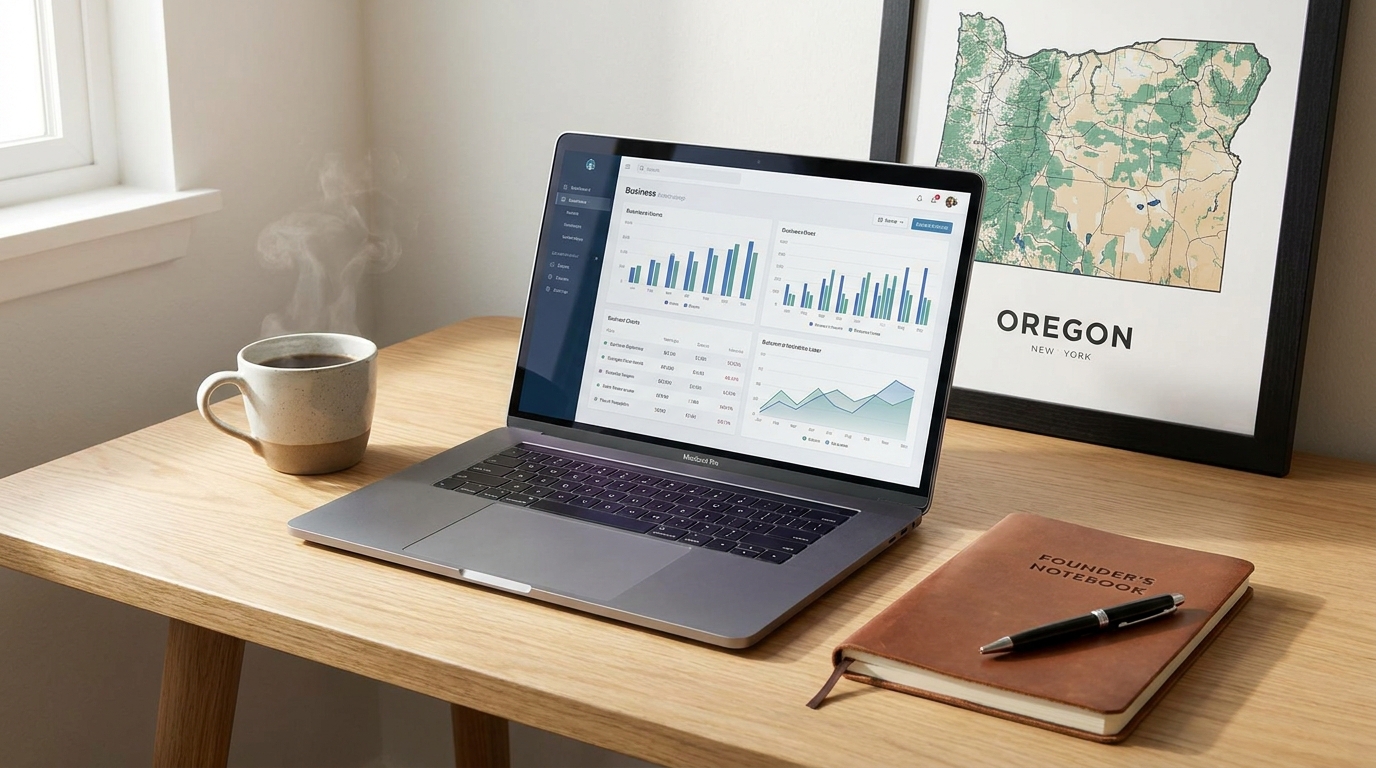 Desk with laptop displaying business charts and a map of Oregon, symbolizing business formation planning.
