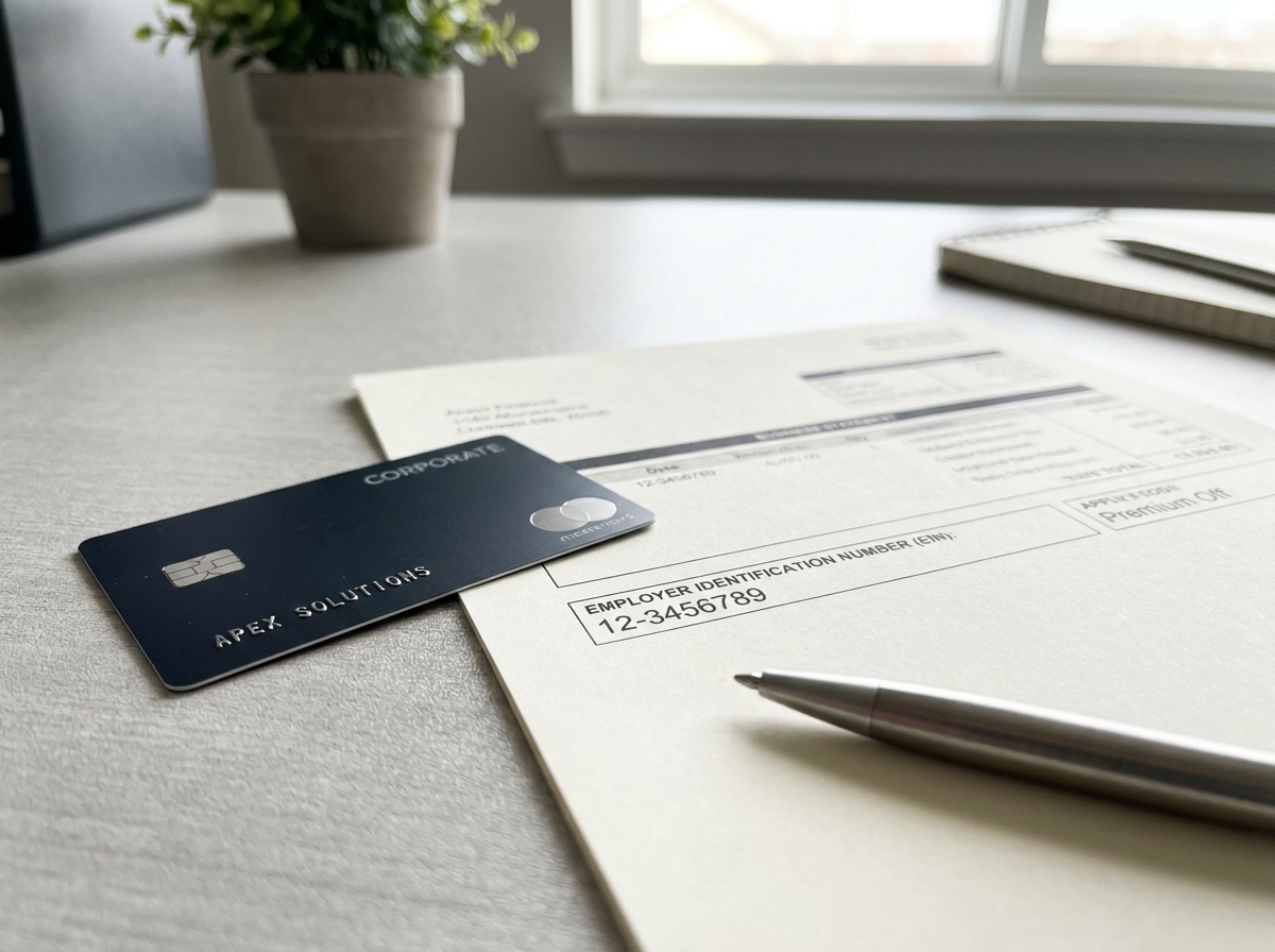 A detailed close-up of a business bank statement with an EIN clearly visible, alongside a corporate debit card and a pen, emphasizing the financial necessity of an EIN for business operations.