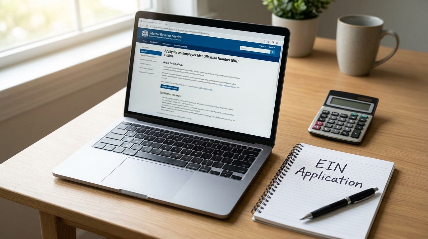 A desk with a laptop showing the IRS website, a notepad, and a pen, symbolizing the process of applying for an EIN.