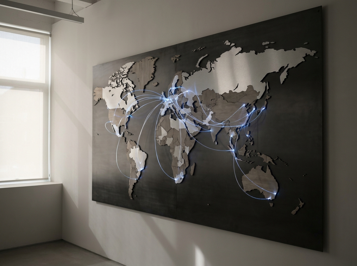 A world map with various business icons overlaid, symbolizing international business and global reach.