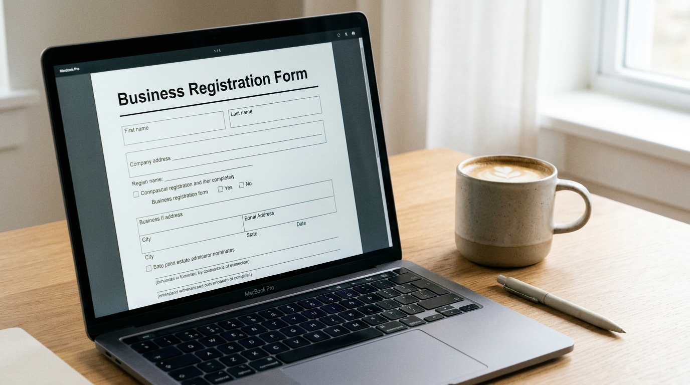 A clean desk setup with a laptop showing a business registration page, indicating the process of obtaining an EIN.