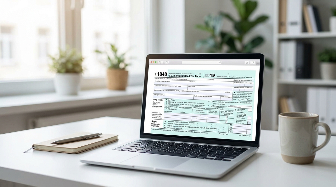 A laptop displaying an IRS tax form for EIN application, a pen, and a coffee cup on a modern desk.