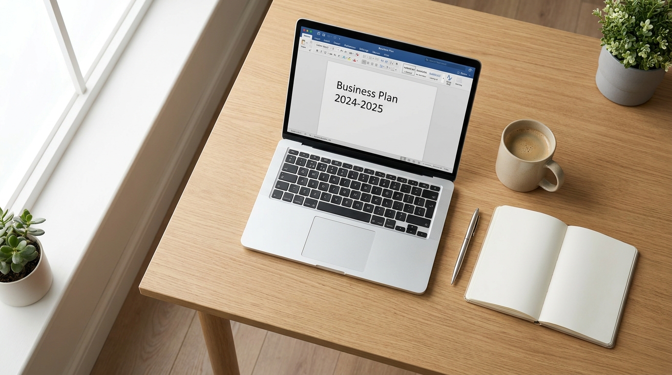 A minimalist desk with a laptop open to a business document, a notepad, and a pen, symbolizing business planning.