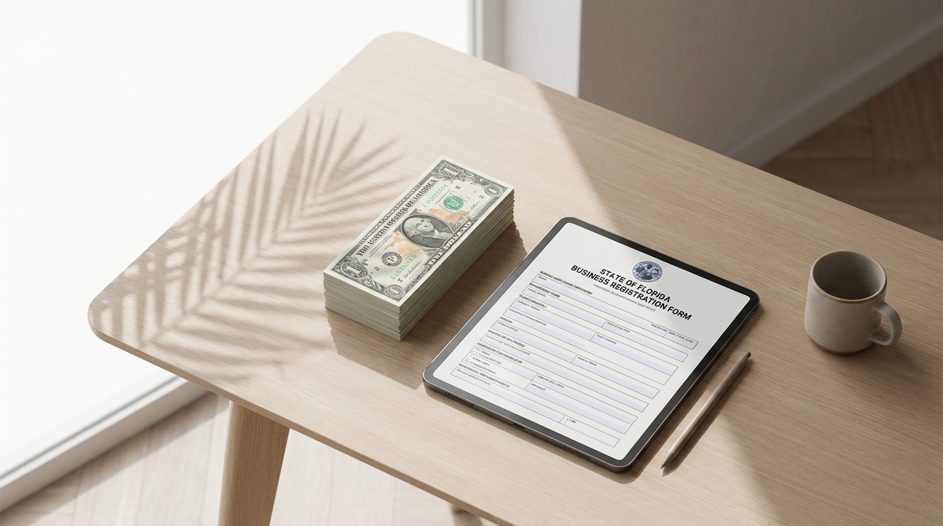 Stack of Florida dollar bills next to a tablet showing an LLC registration form on a clean desk.