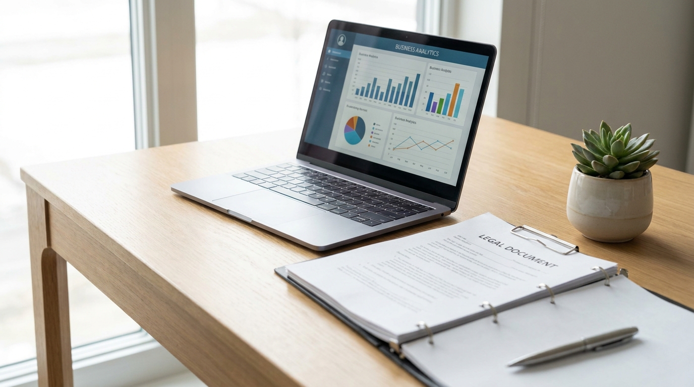 A modern desk with a laptop, business documents, and a pen, symbolizing business planning and protection.