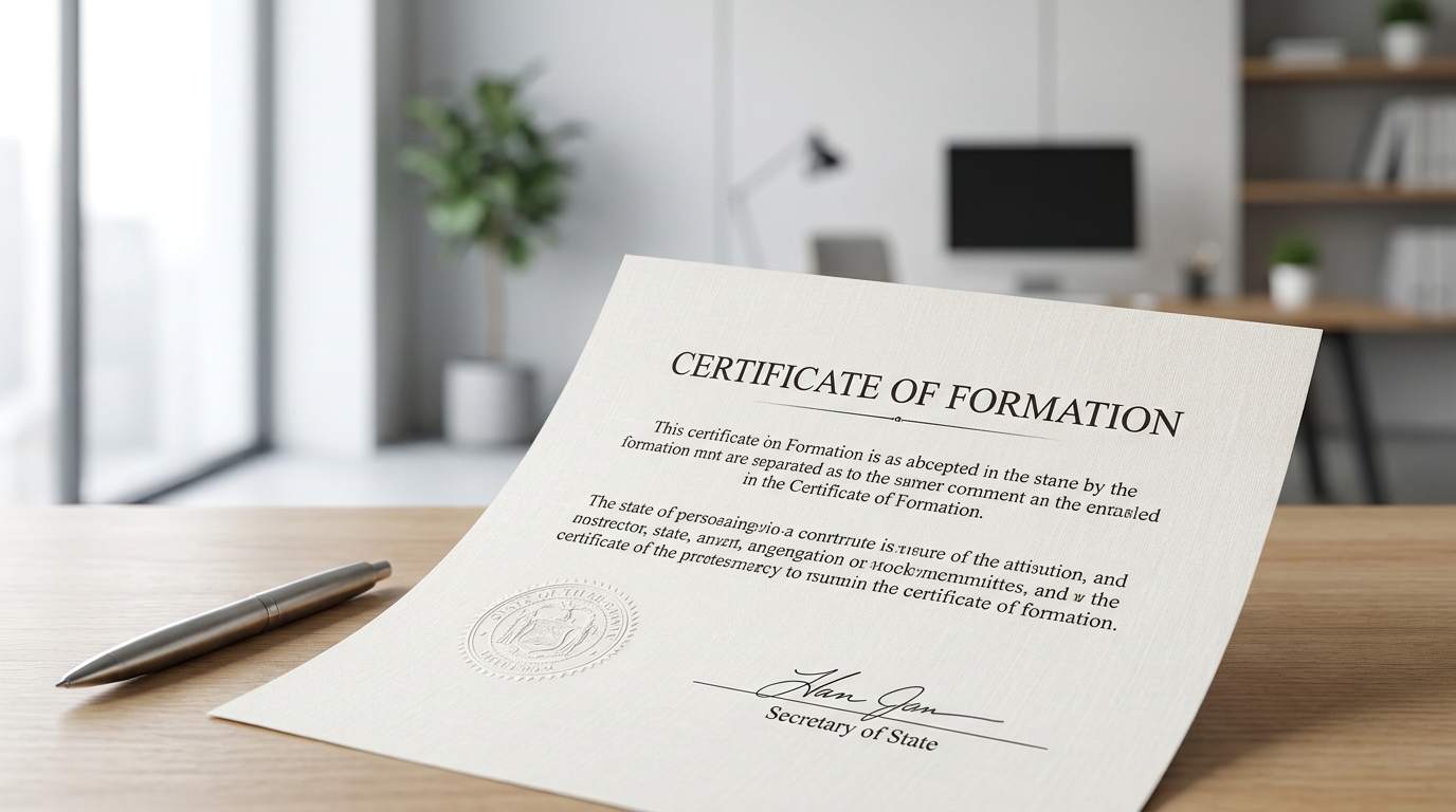 A close-up of a Certificate of Formation document for a Delaware entity, symbolizing the legal process of incorporation.