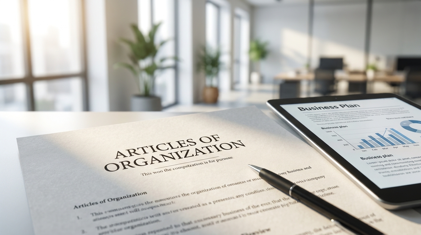 Close-up of LLC Articles of Organization and a tablet with a business plan, symbolizing the legal and strategic aspects of company formation.