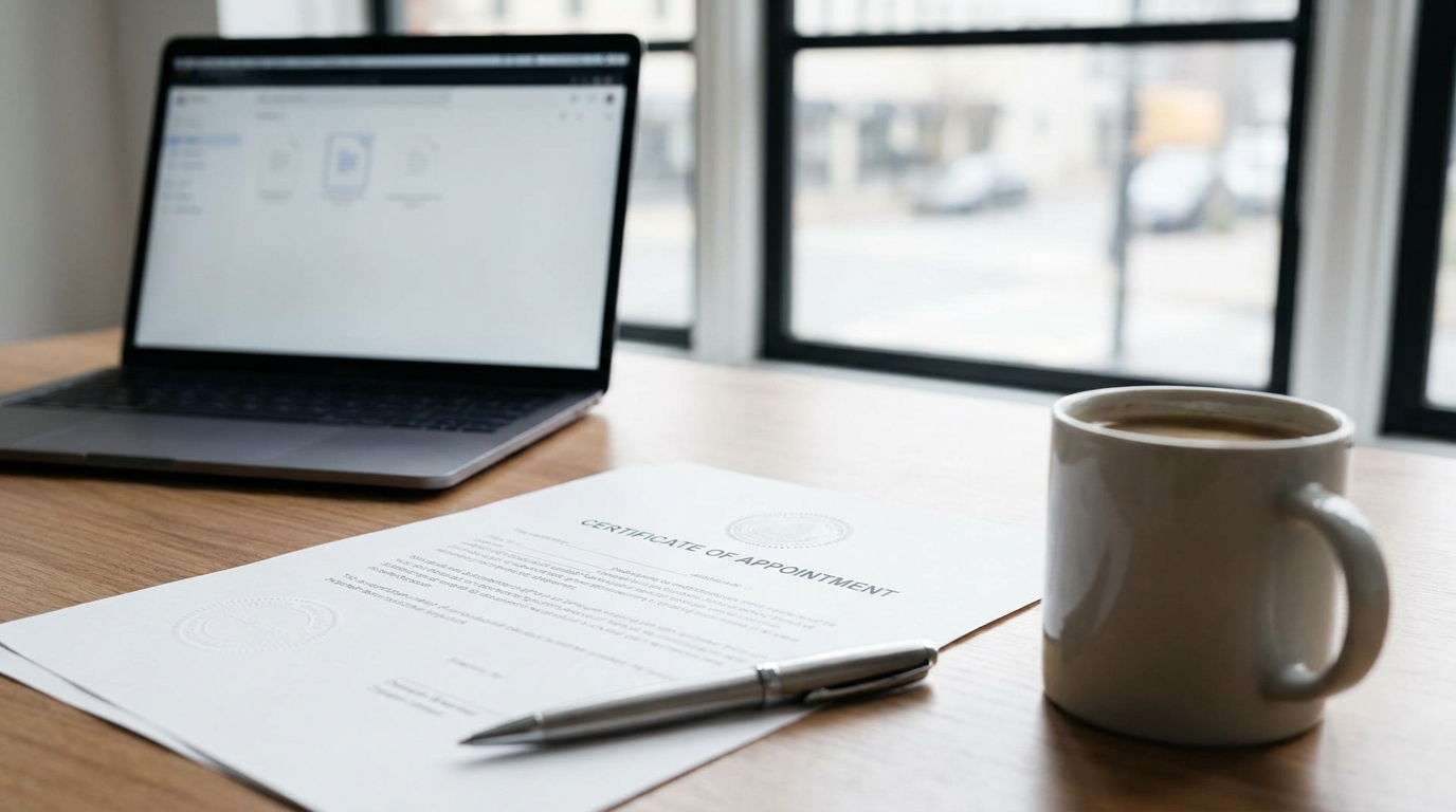 A close-up of a business formation document with a pen, a laptop displaying a company formation platform, and a coffee cup on a modern desk.