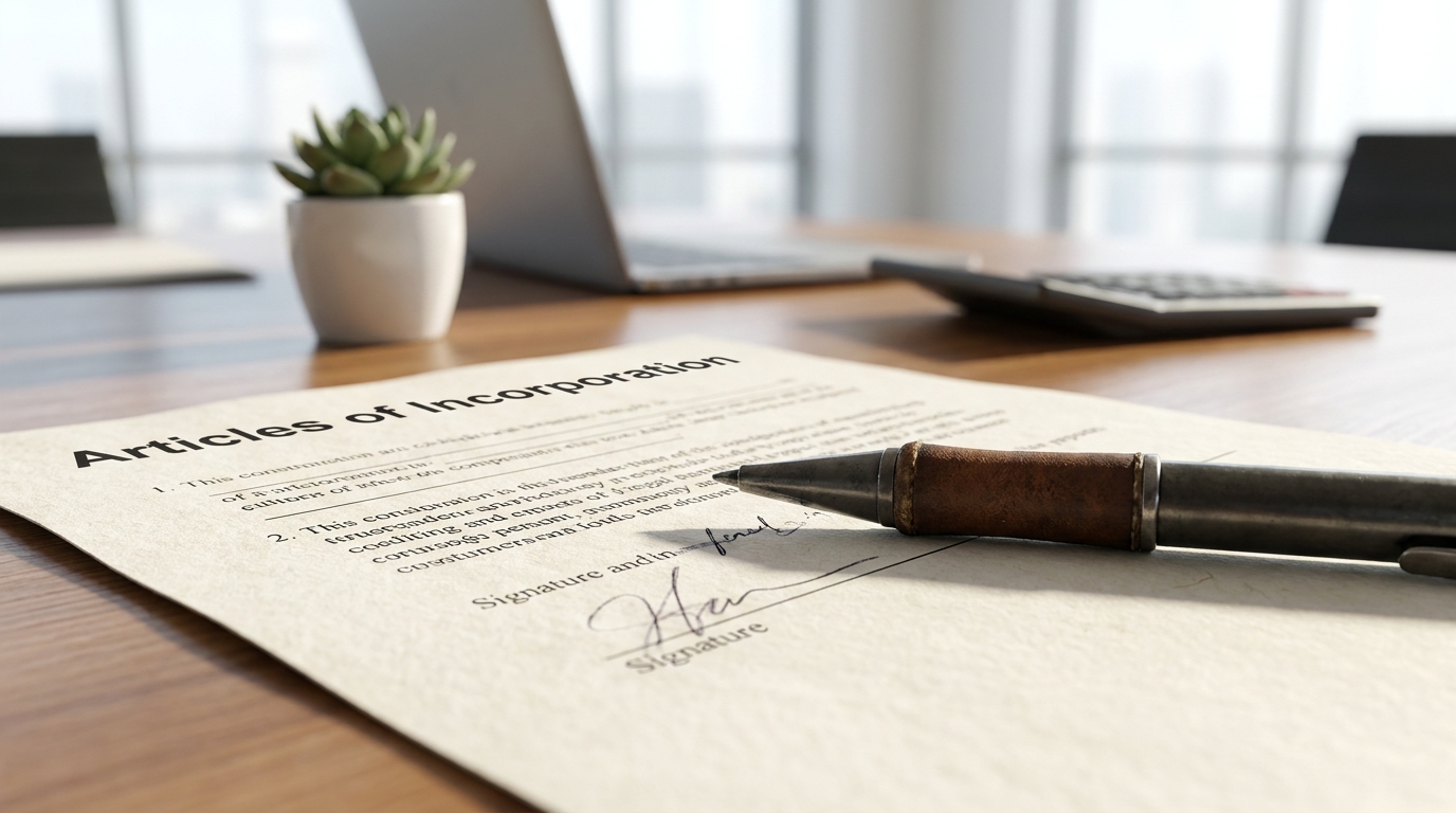 Close-up of Florida Articles of Incorporation document with a pen, symbolizing amendments and legal updates for a corporation.