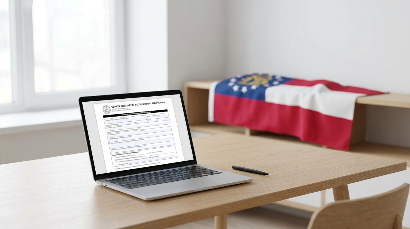 Desk with a laptop showing a Georgia LLC application form, a pen, and a subtle Georgia state flag