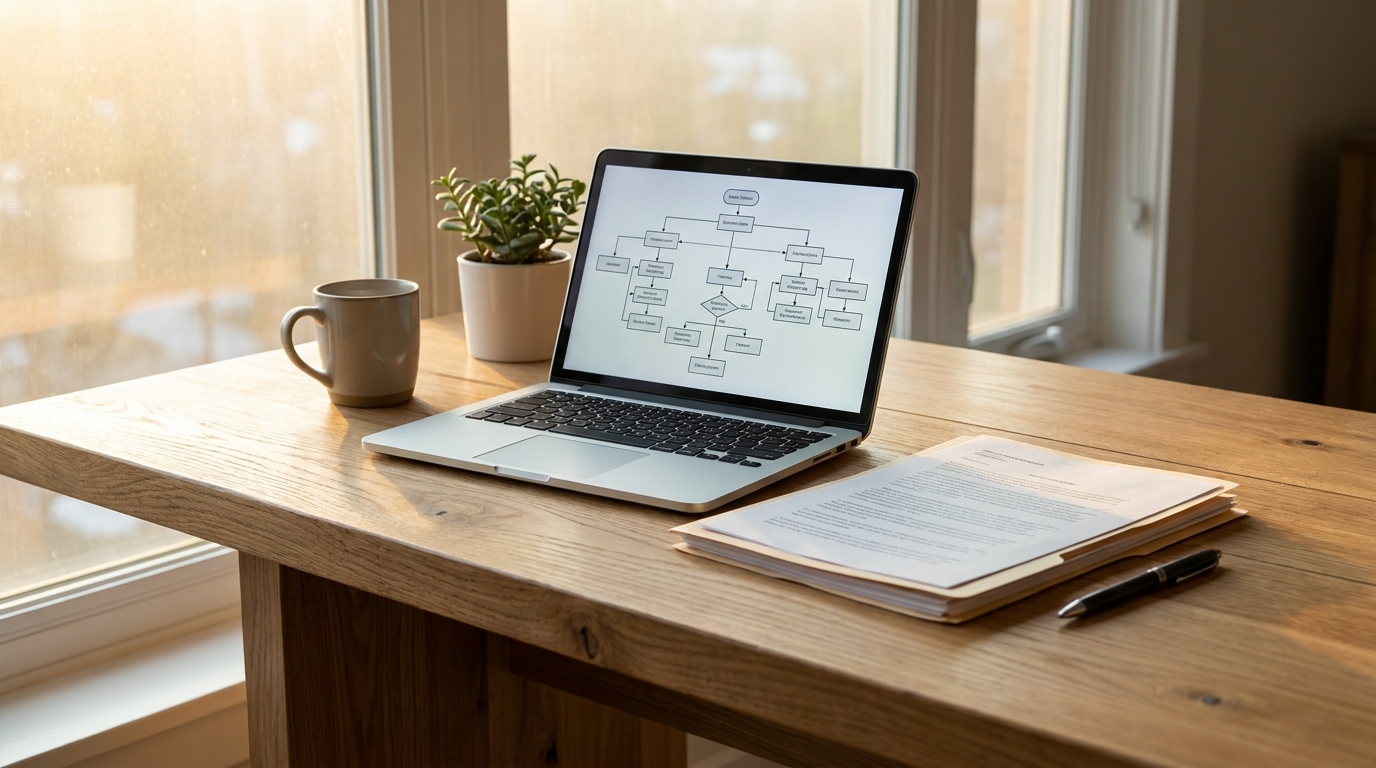 A desk with a laptop showing a business structure chart, legal papers, and a pen, symbolizing a business conversion process.