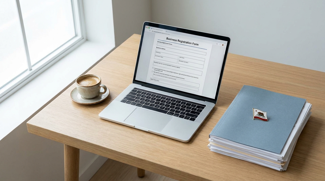 A desk with a laptop showing a business form, legal documents, and a California flag pin, symbolizing the process of updating an LLC address.