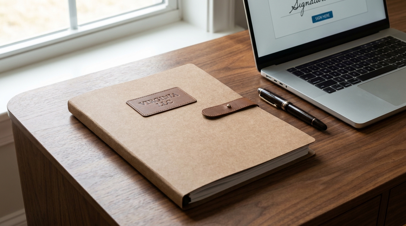 A folder labeled 'Virginia LLC' on a desk with a pen and laptop, symbolizing legal documentation for business ownership changes.
