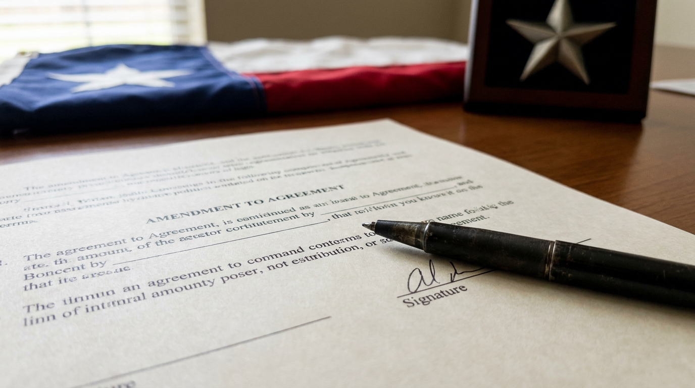 A close-up of a Texas LLC amendment form with a pen, symbolizing the legal process of changing a company name.