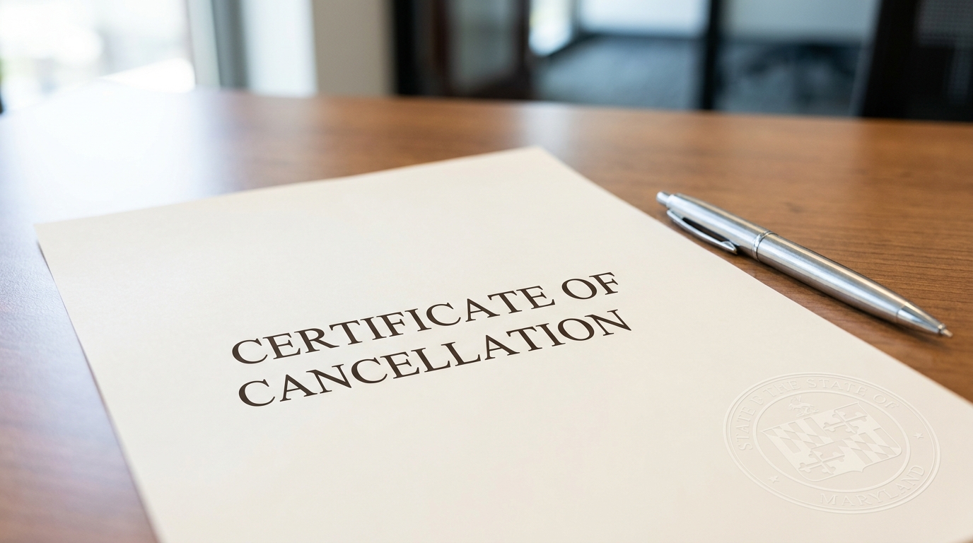 A partially completed Maryland Certificate of Cancellation document with a pen, signifying the legal steps to close an LLC.