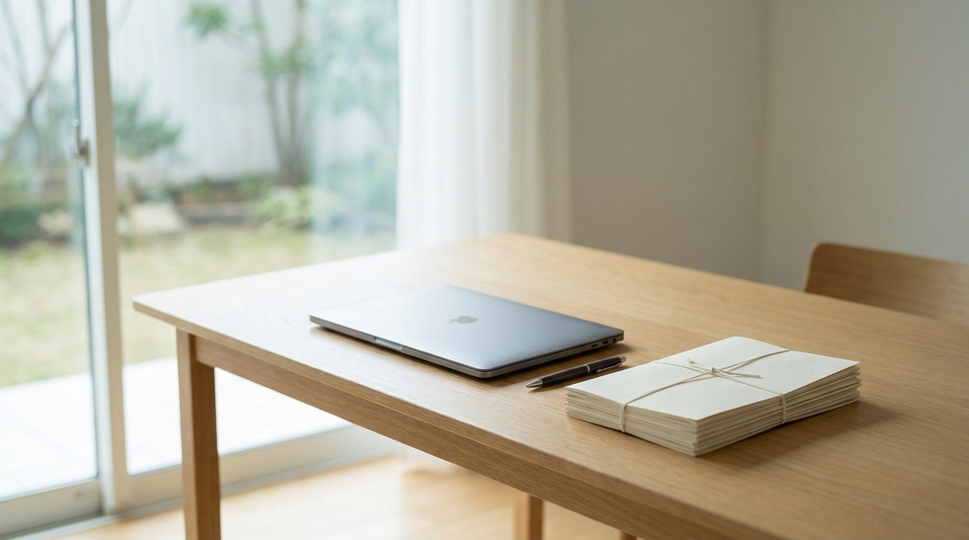 A closed laptop on a clean desk with organized documents, symbolizing the completion of a business closure.