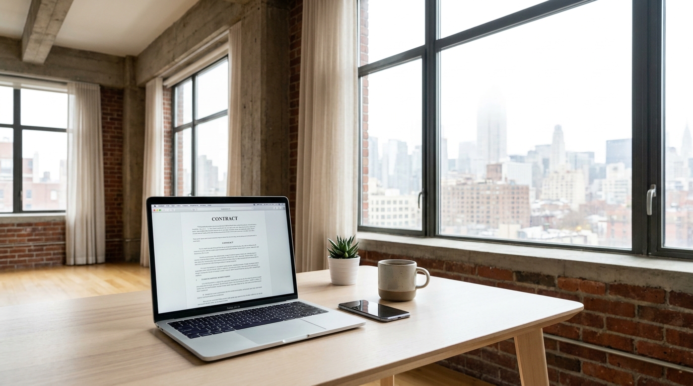 A modern desk in a New York City loft with a laptop displaying LLC formation documents, a smartphone, and a coffee cup, with the city skyline blurred in the background.