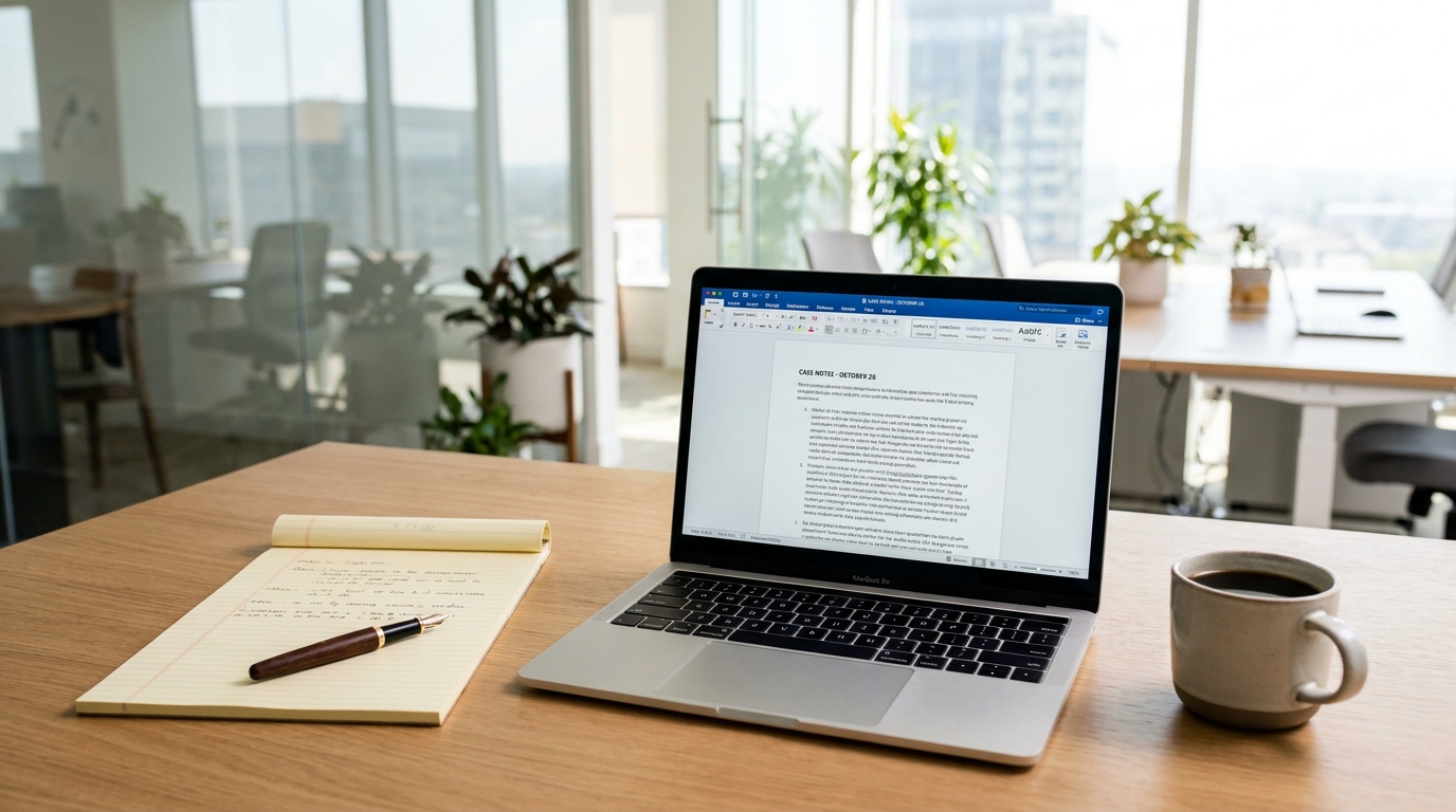 Overhead shot of a legal pad, pen, and laptop on a clean desk, symbolizing the creation of an important business document.