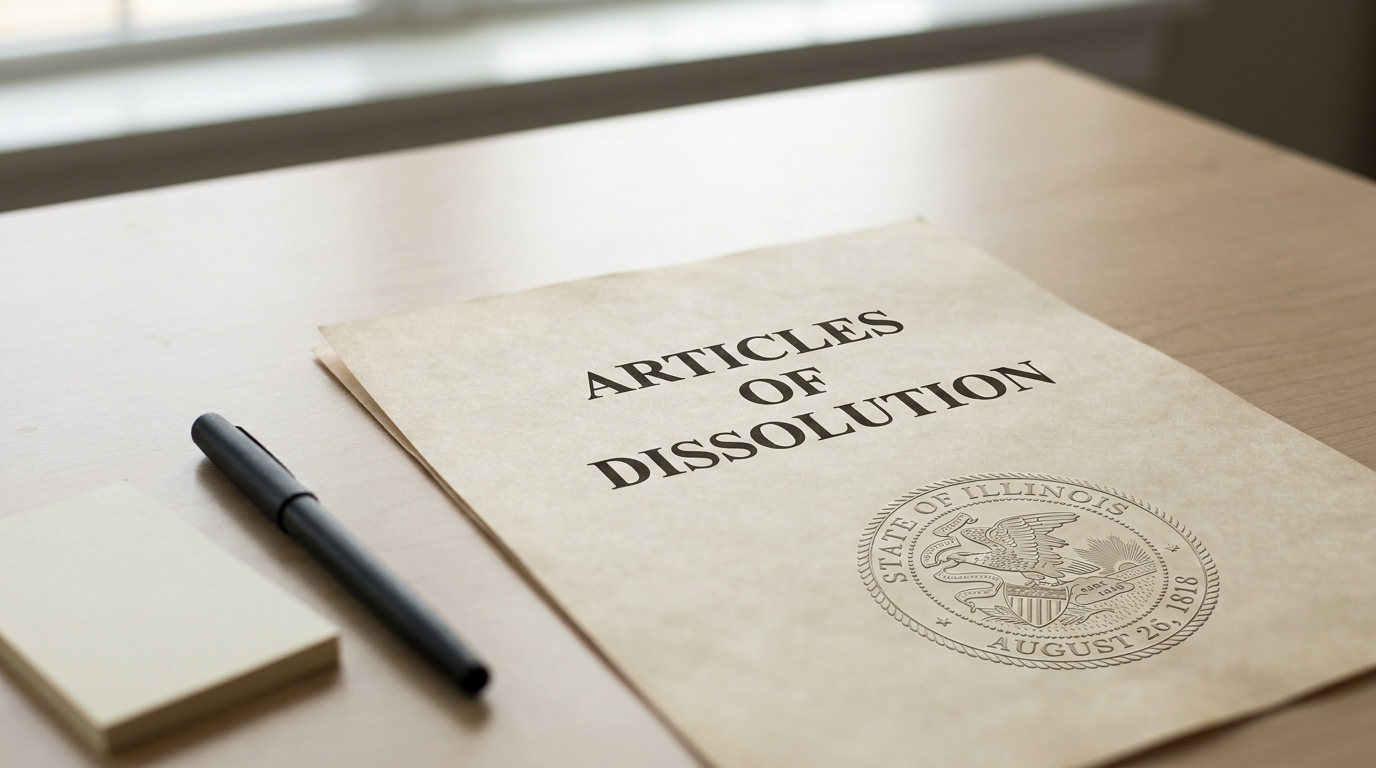 Close-up of Illinois Articles of Dissolution document on a desk, symbolizing the legal process of closing an LLC.