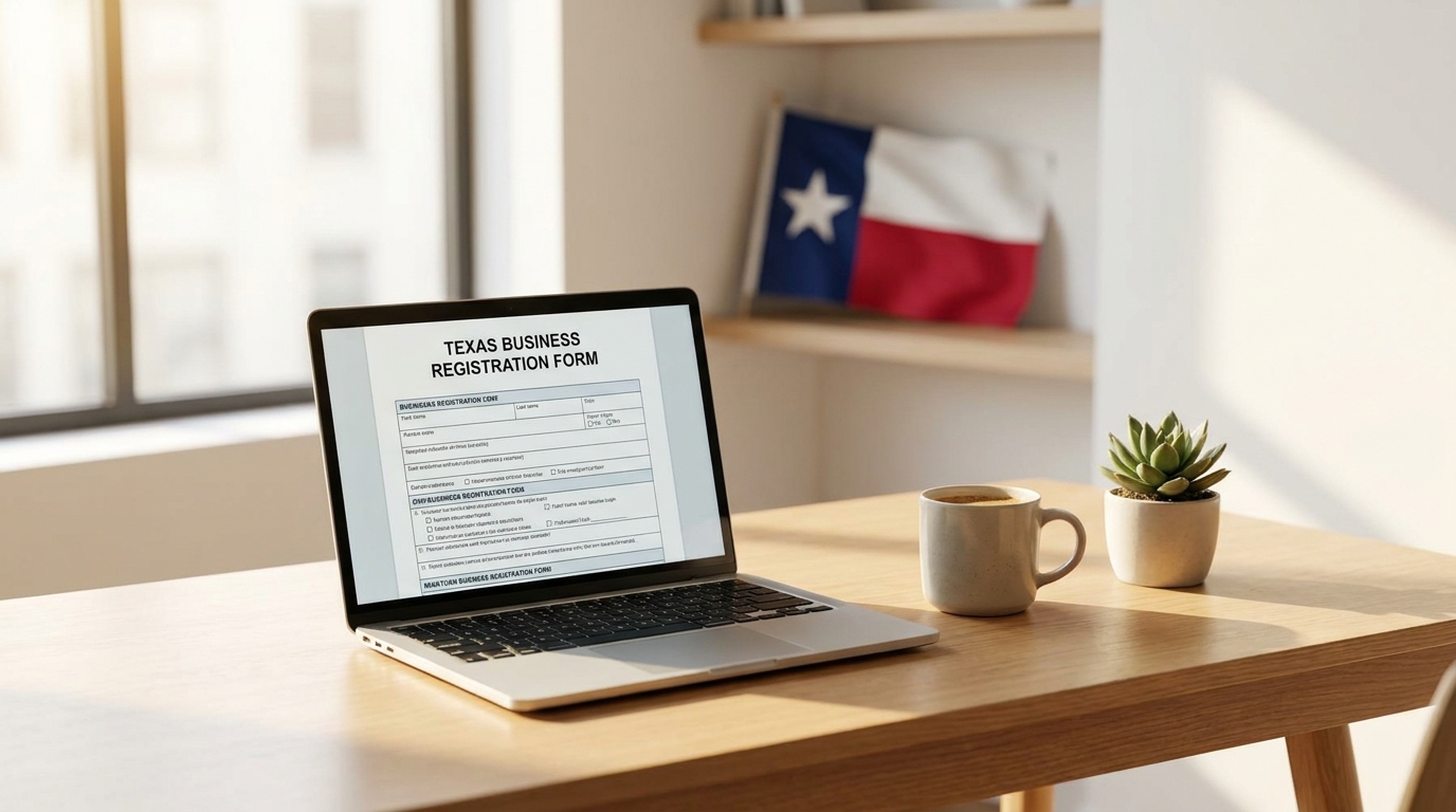 A laptop open to a business registration website, with a subtle Texas flag in the background, symbolizing LLC formation in Texas.