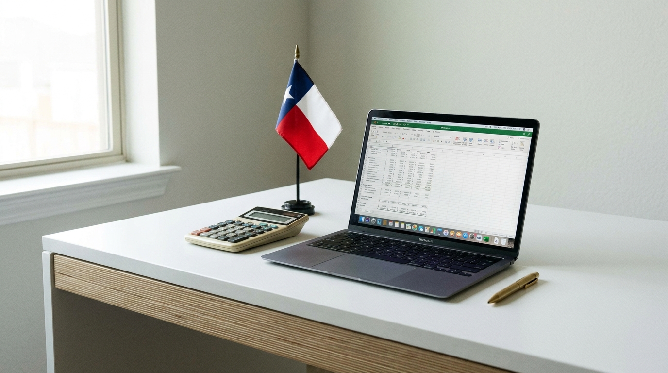 Desk with Texas flag, calculator, laptop showing a financial report, and a pen, symbolizing Texas franchise tax compliance.