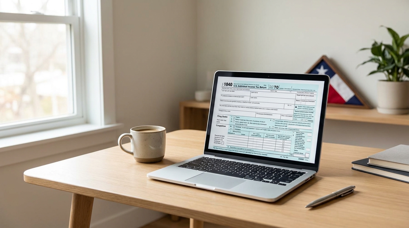Desk with laptop showing tax forms, a pen, and a Texas flag, symbolizing business compliance.