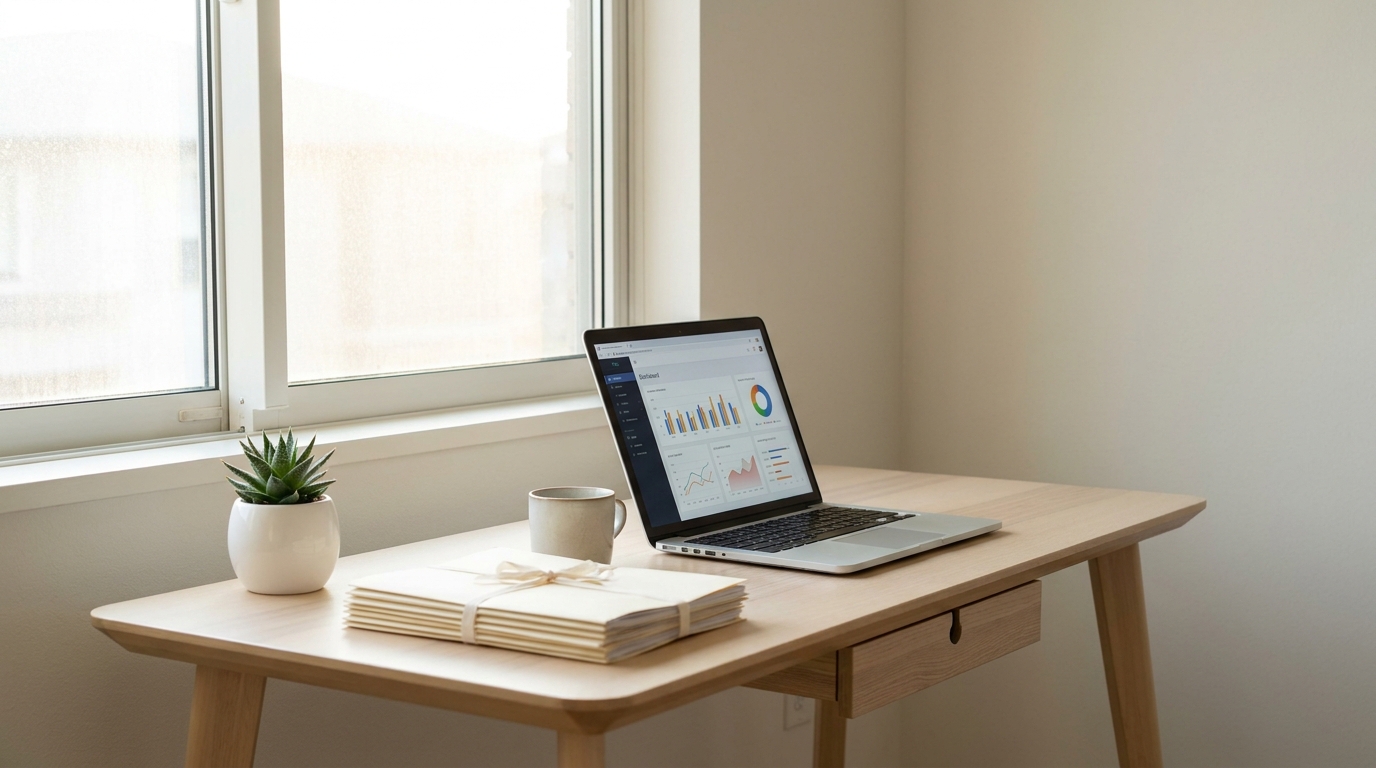 A clean desk setup with a laptop and business documents, symbolizing business administration and finding an EIN.