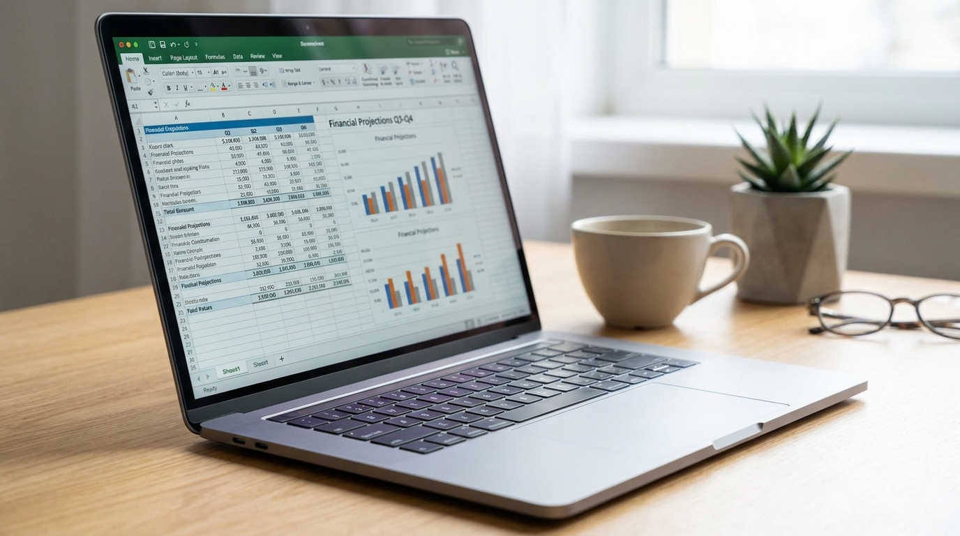 A laptop displaying financial spreadsheets, a coffee cup, and a plant on a desk, symbolizing business funding and planning.