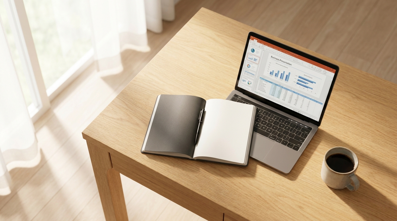 A clean desk setup with a laptop showing business forms and a notebook, symbolizing the process of registering a DBA in Idaho.