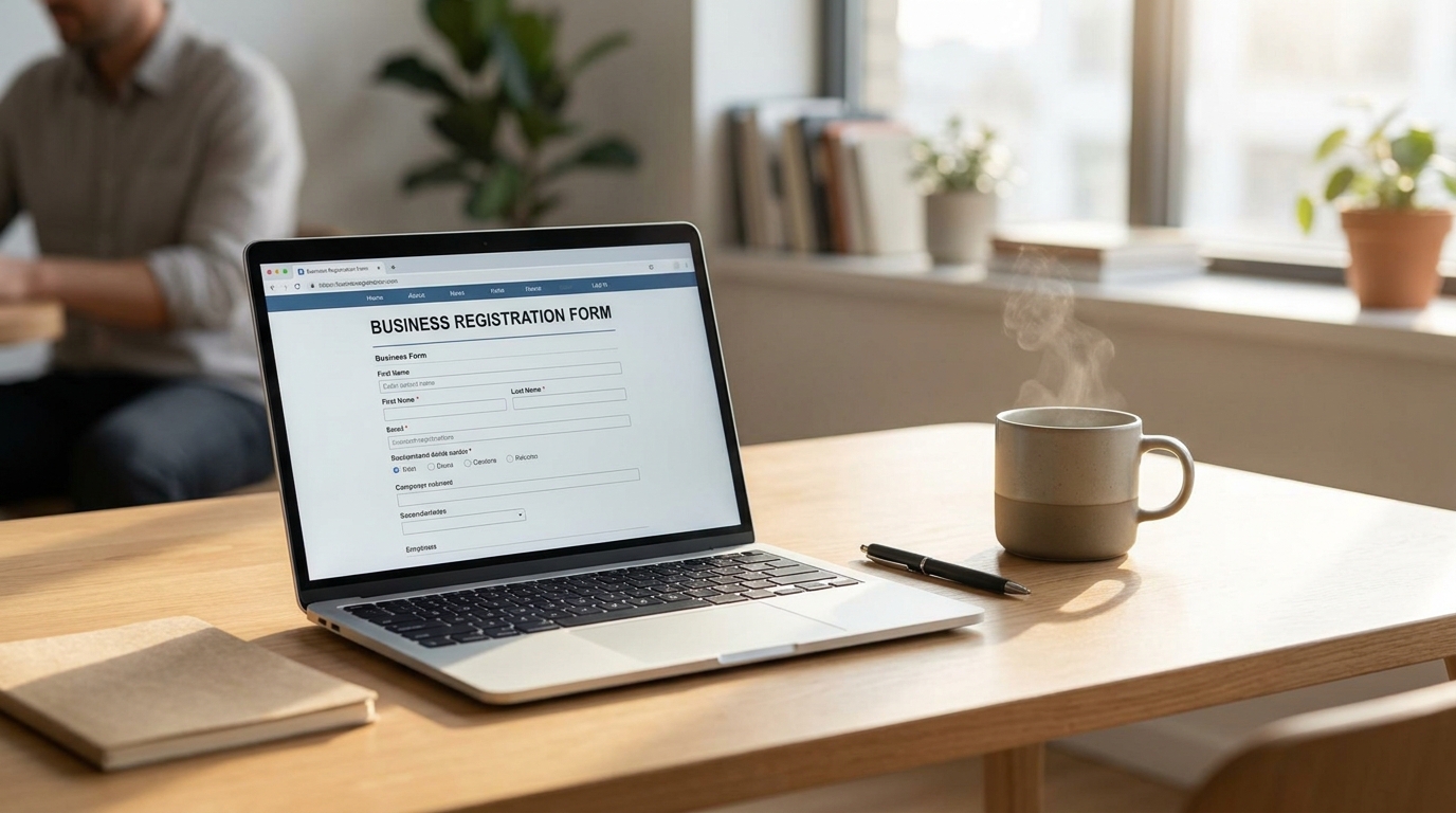 A laptop displaying an online business registration form, symbolizing the process of forming an LLC and obtaining an EIN.