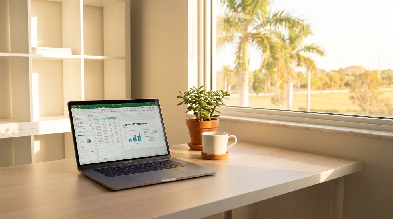 A clean, modern desk in a Florida office with a laptop, coffee, and a plant, symbolizing efficient business setup.