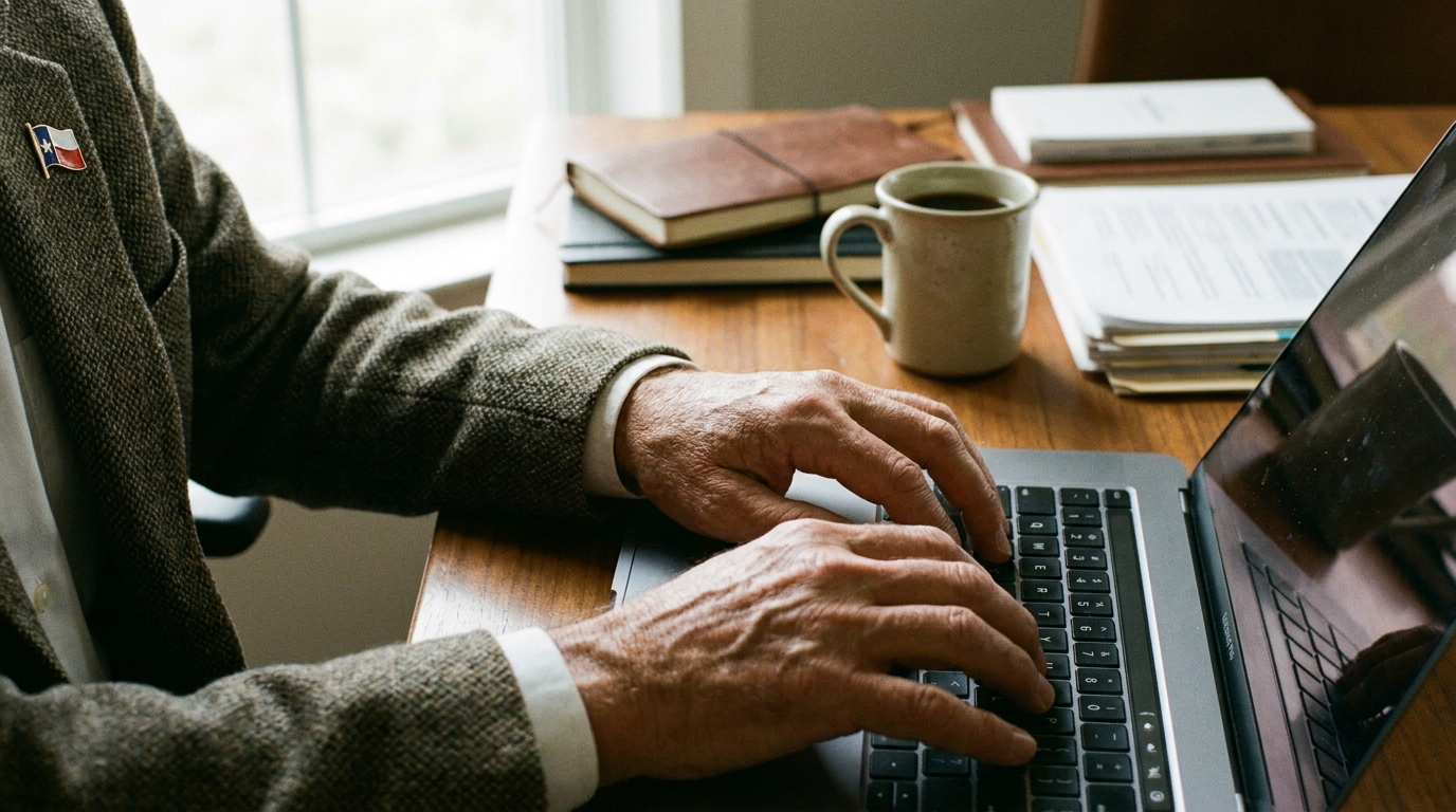 Hands typing on a laptop, with a Texas flag lapel pin visible, symbolizing business formation in Texas.