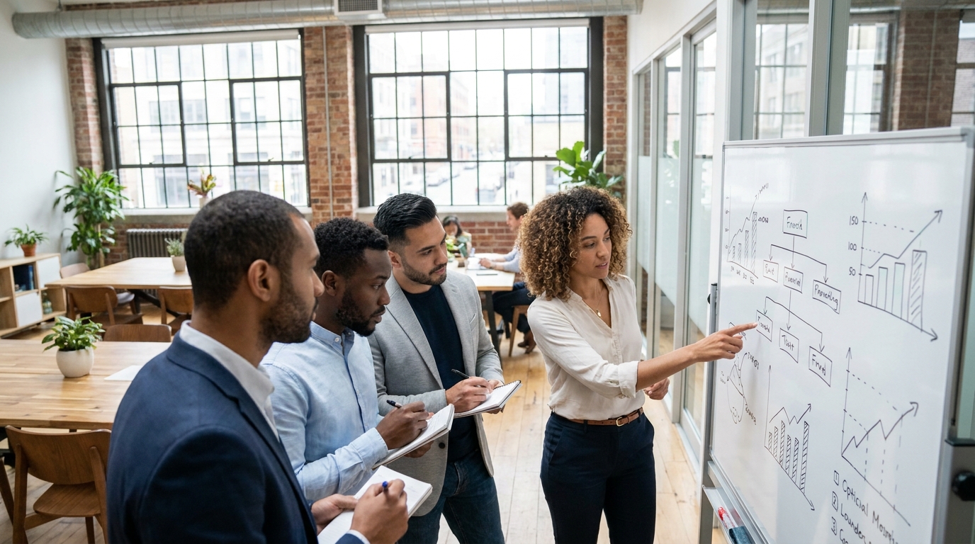 A diverse group of entrepreneurs brainstorming financial strategies in a modern co-working space, discussing startup funding.