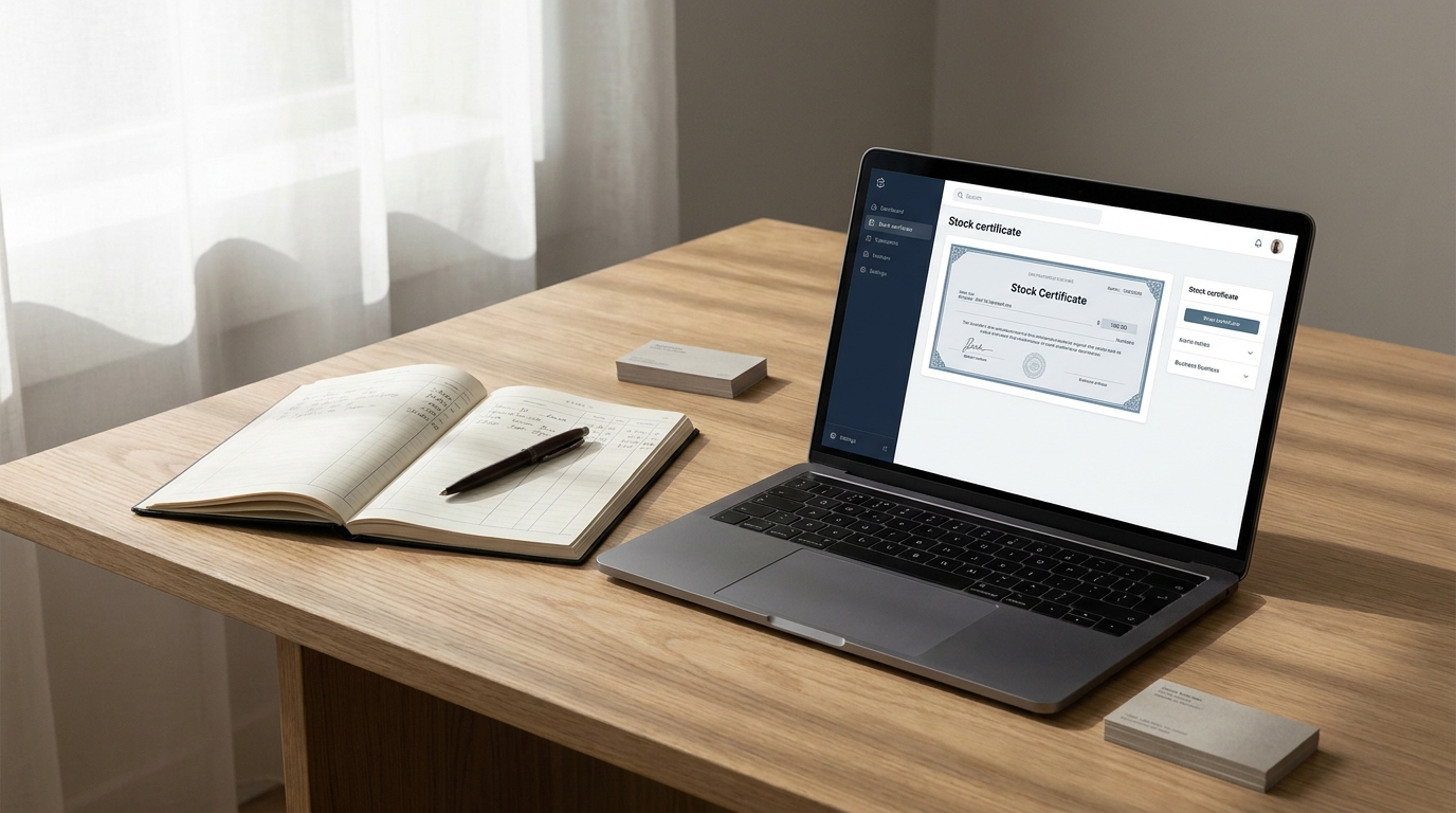 A digital stock certificate on a laptop screen next to a physical ledger and pen, symbolizing the process of issuing S Corp shares.
