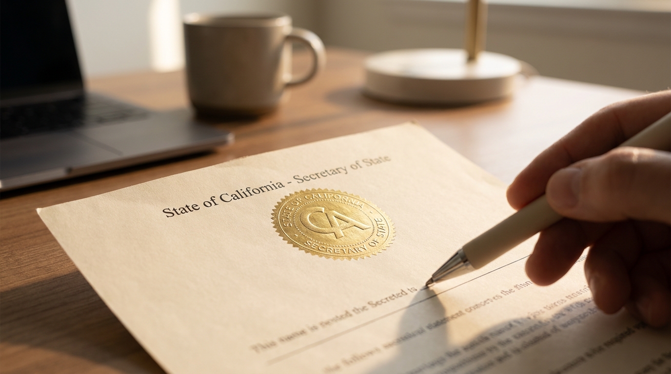 Close-up of a California Secretary of State business document with a hand pointing to a detail, symbolizing business lookup.