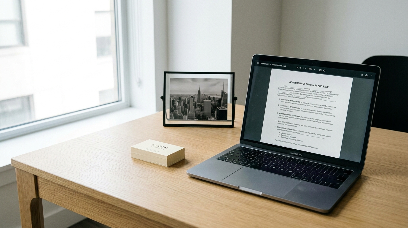A modern office desk with a laptop showing legal forms, symbolizing subsidiary LLC formation.