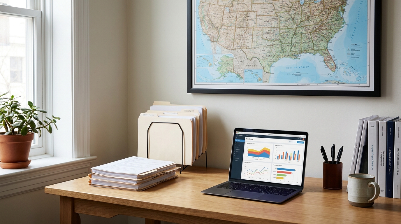 Overhead view of a desk with a map of the United States, business documents, and a laptop, symbolizing interstate business relocation planning.