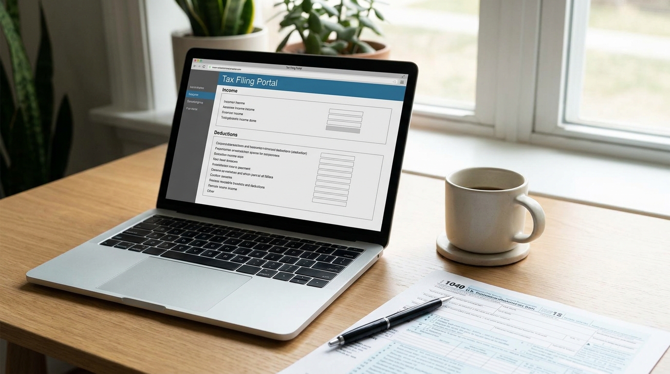 A desk with a laptop showing a form, IRS documents, and a pen, symbolizing the process of obtaining an EIN.