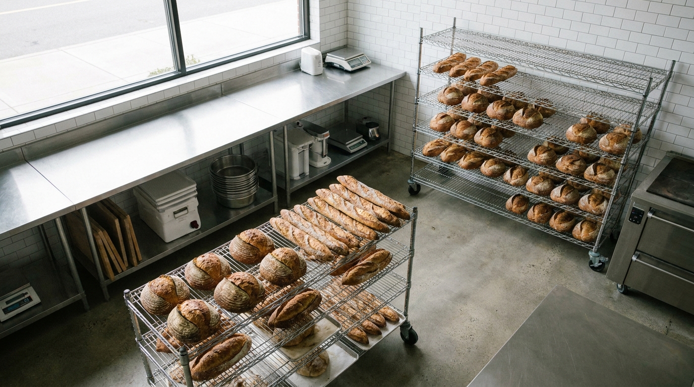 A clean, modern bakery kitchen with cooling racks full of artisanal bread and pastries under soft natural light.