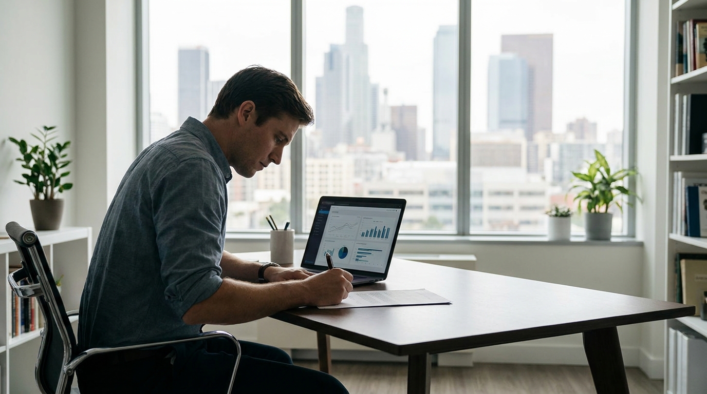 A founder reviewing business formation documents at a modern desk, with a blurred New York City skyline in the background.