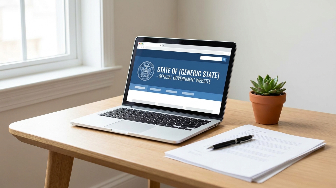 A desk with a laptop showing a state government's business portal, alongside essential documents, symbolizing the process of managing LLC compliance and renewal fees.