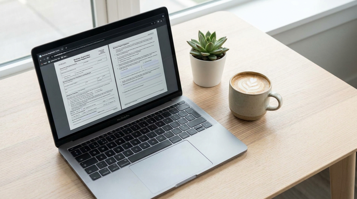 Overhead view of a desk with a laptop showing Indiana business registration forms, a coffee cup, and a plant, symbolizing the process of setting up a business.