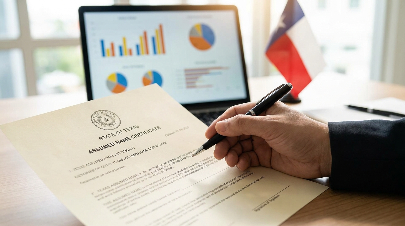 A partially visible Texas Assumed Name Certificate with a pen, indicating the process of registering a DBA in Texas.