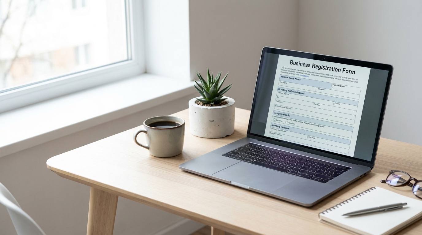 A clean desk with a laptop open to business registration, coffee, and a plant, symbolizing the organized process of forming an LLC in Colorado.