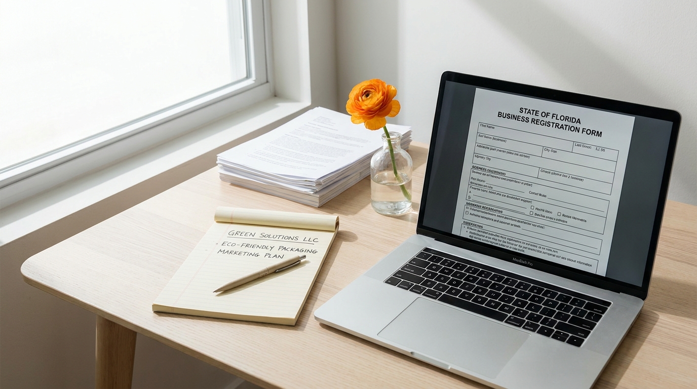 A minimalist desk setup with a laptop showing LLC registration forms, a notepad, and a single orange blossom, symbolizing Florida business formation.