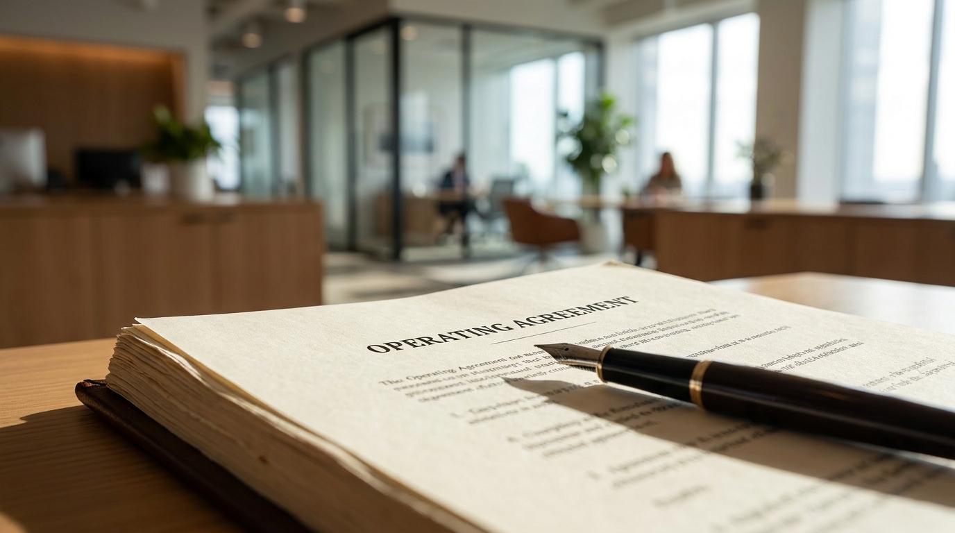 A close-up of an LLC operating agreement open to a page, with a pen, signifying the legal process of member removal.