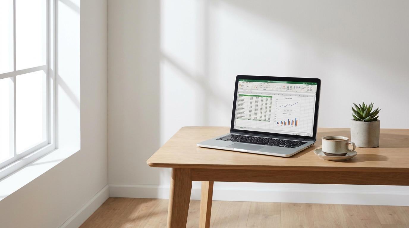 A desk with a laptop displaying business documents, a coffee cup, and a plant, symbolizing a California sole proprietorship.