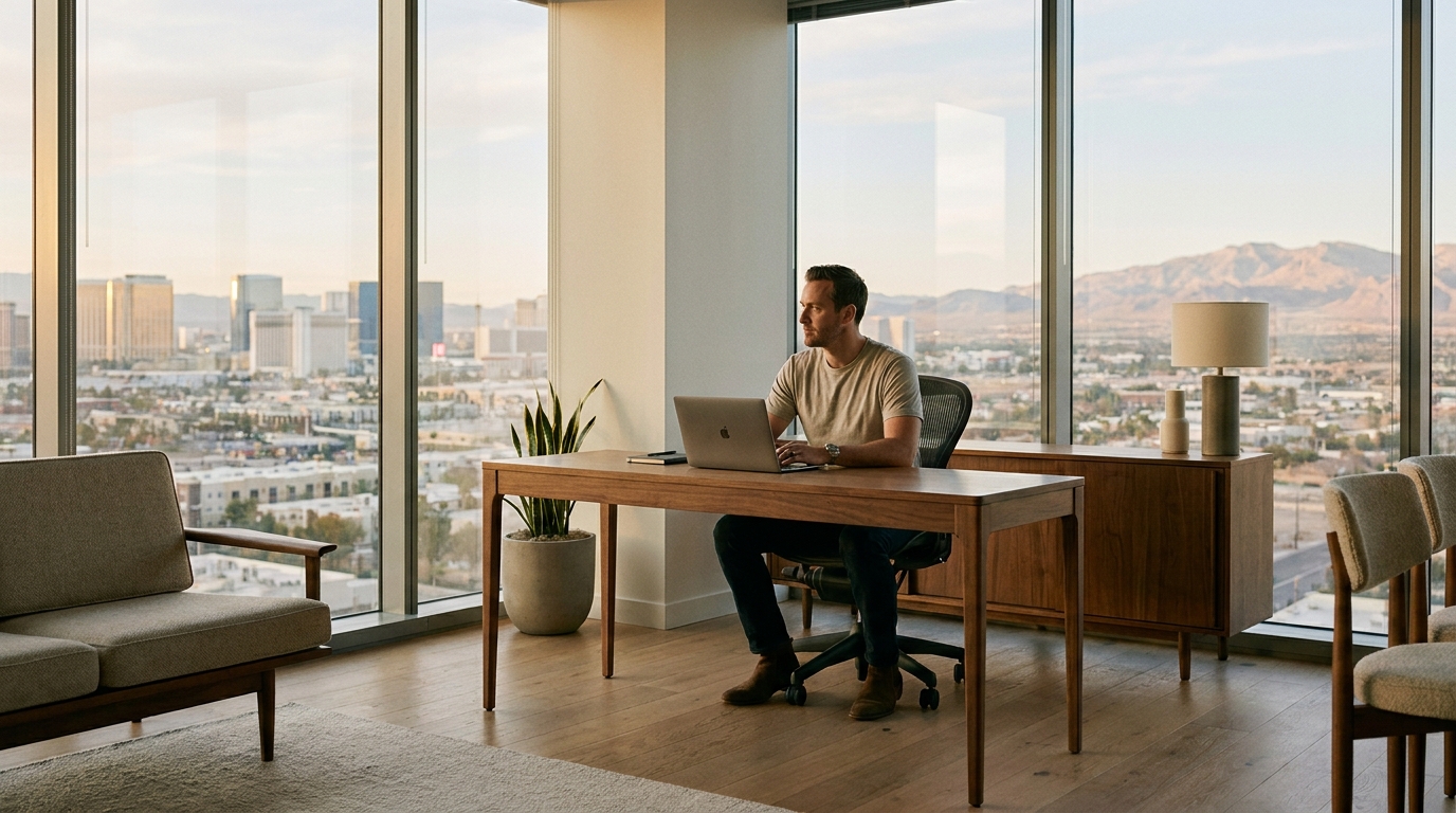 A founder working on a laptop in a modern office overlooking the Las Vegas skyline, symbolizing business growth in Nevada.