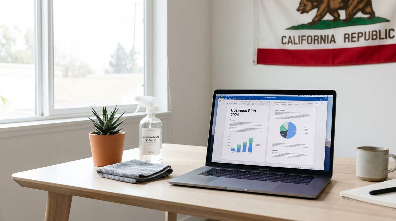 A laptop on a desk showing a business plan, with cleaning supplies and a subtle California flag in the background, symbolizing starting a cleaning business in California.